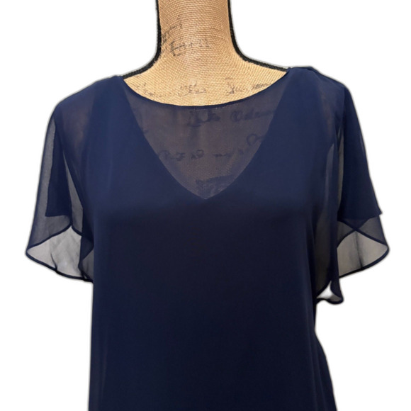 Adrianna Papell Chiffon Overlay A-Line Dress Handkerchief‎ Hem Navy Size Small - Picture 2 of 6